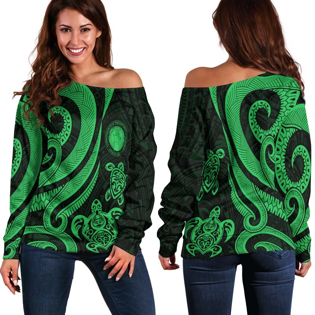 Northern Mariana Islands Women's Off Shoulder Sweater - Green Tentacle Turtle Green - Polynesian Pride