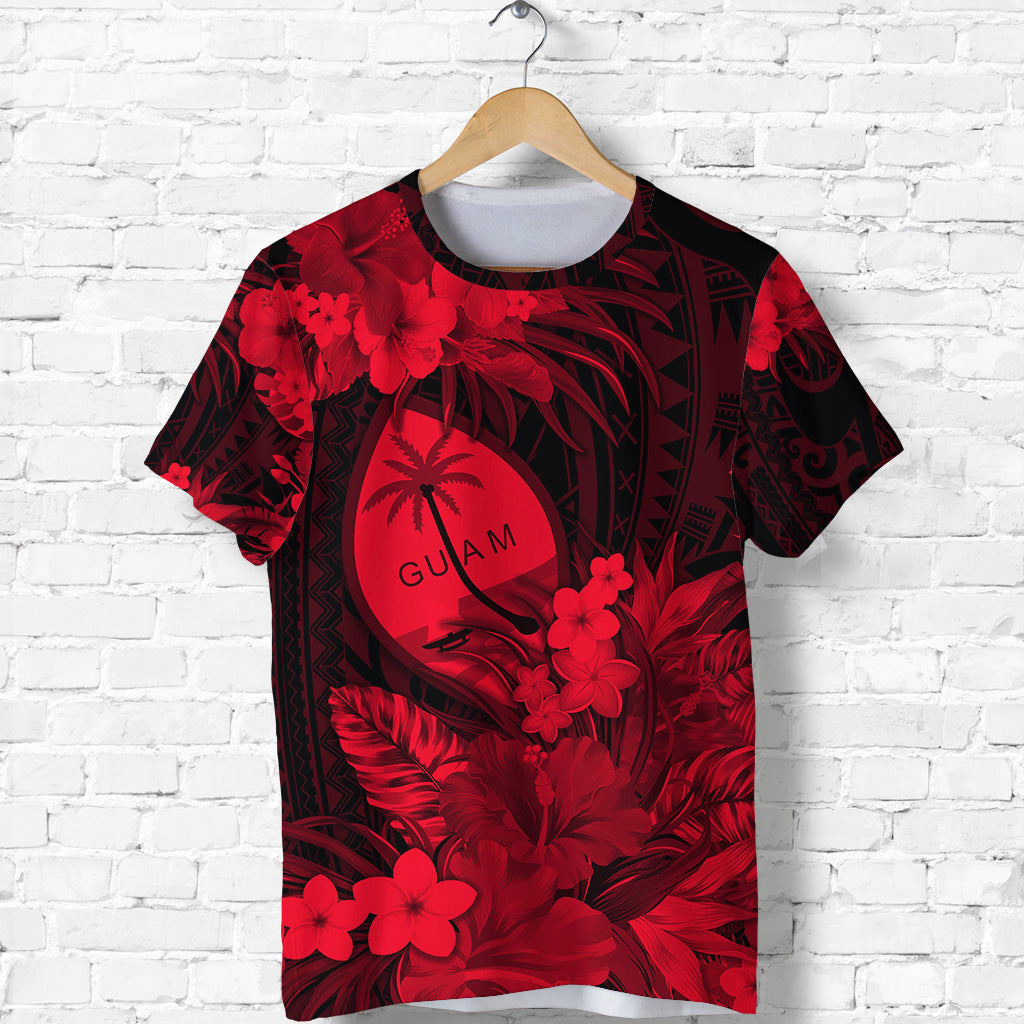 Guam Polynesian T-Shirt - Tropical Flowers Red LT8 Unisex Red - Polynesian Pride