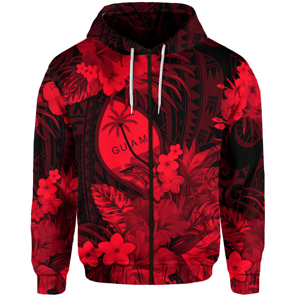 Guam Polynesian Hoodie Tropical Flowers Red LT8 Zip Hoodie Red - Polynesian Pride
