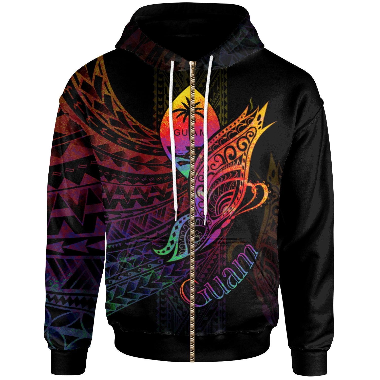 Guam Zip Hoodie Butterfly Polynesian Style Unisex Black - Polynesian Pride