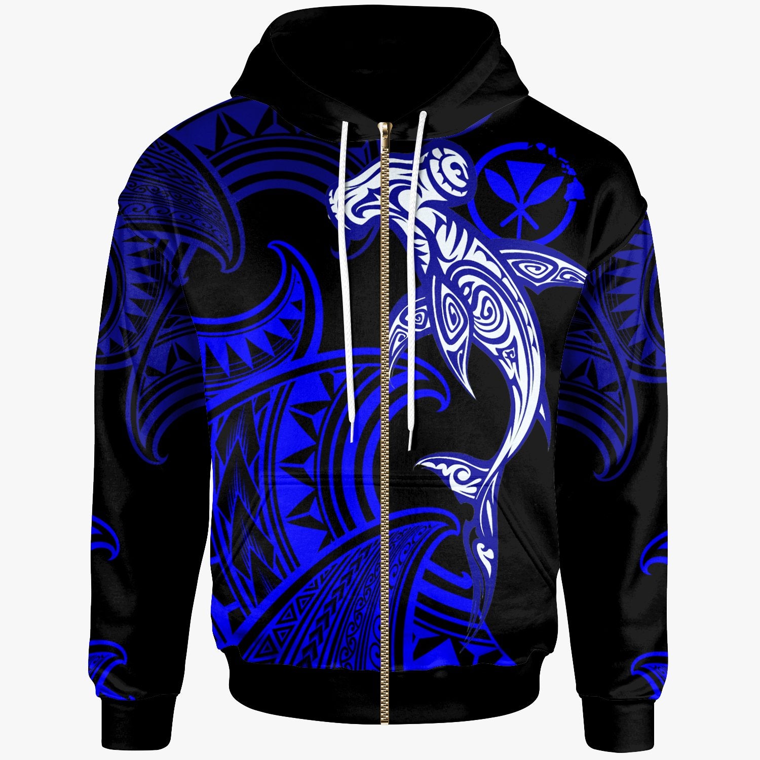 Hawaii Zip up Hoodie Hammerhead Shark Tribal Pattern Blue Unisex Blue - Polynesian Pride