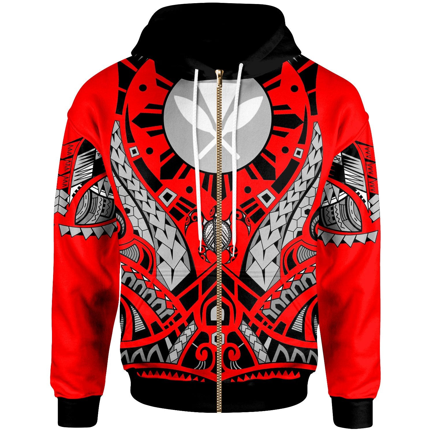 Hawaii Zip Hoodie Tribal Sun Tattoo Red Color Unisex Red - Polynesian Pride