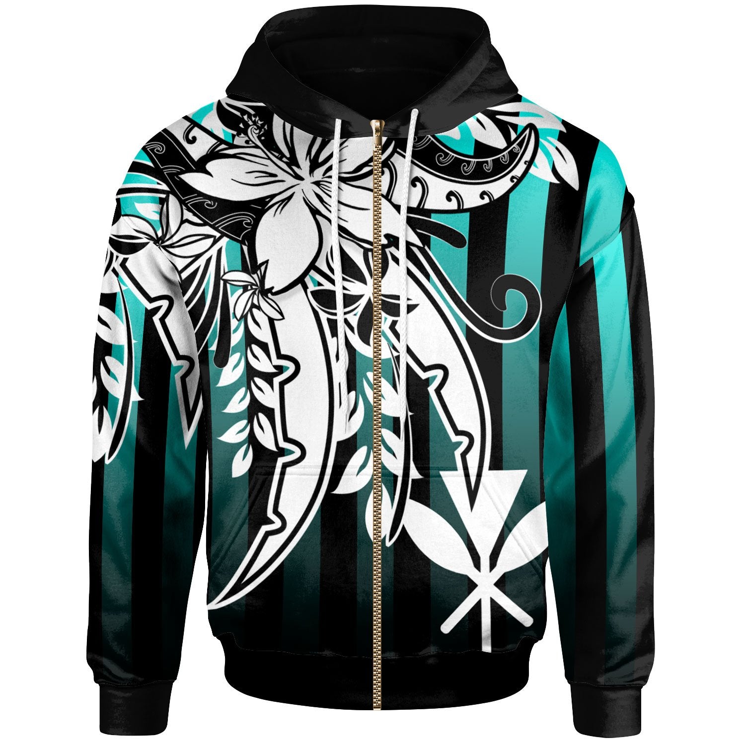 Hawaii Zip Hoodie Cyan Vertical Stripes Style Cyan - Polynesian Pride