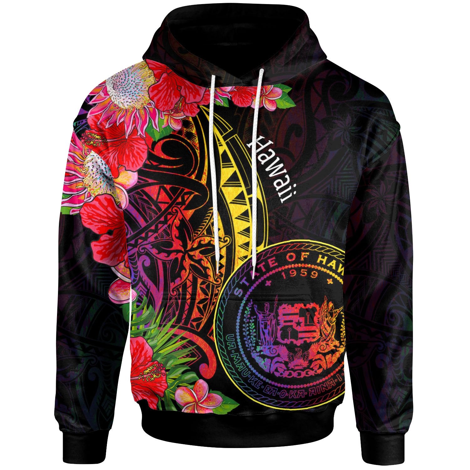 Hawaii Hoodie Tropical Hippie Style Unisex Black - Polynesian Pride