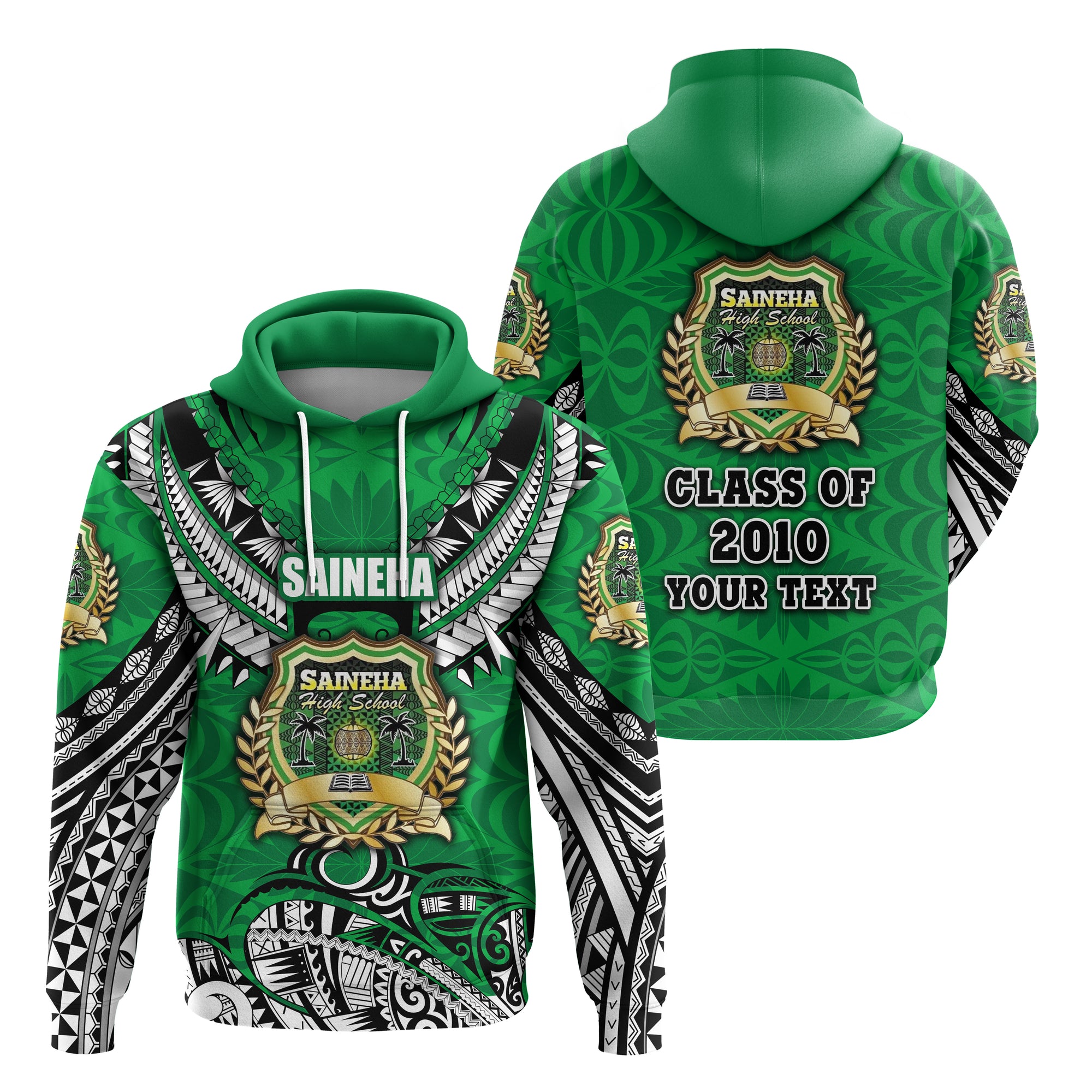 Custom Saineha Tonga Hoodie Polynesian Style Class off 2010 LT16 Unisex Green - Polynesian Pride