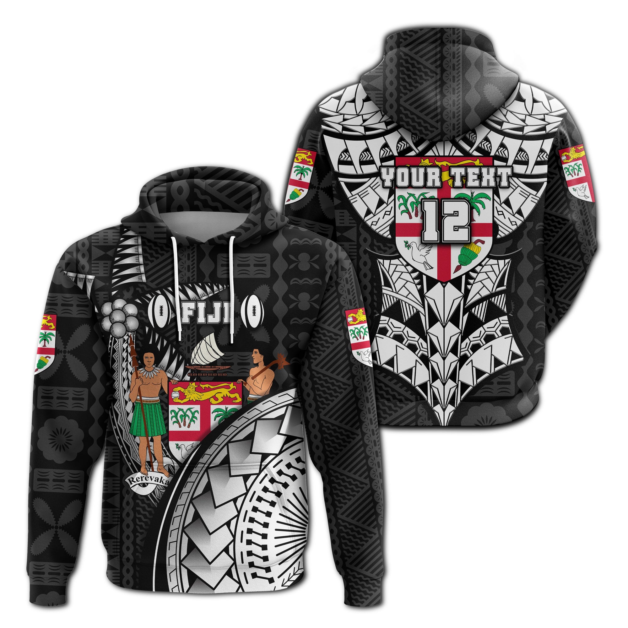 Custom Fiji Tapa Rugby Hoodie Armor Style Unisex Black - Polynesian Pride