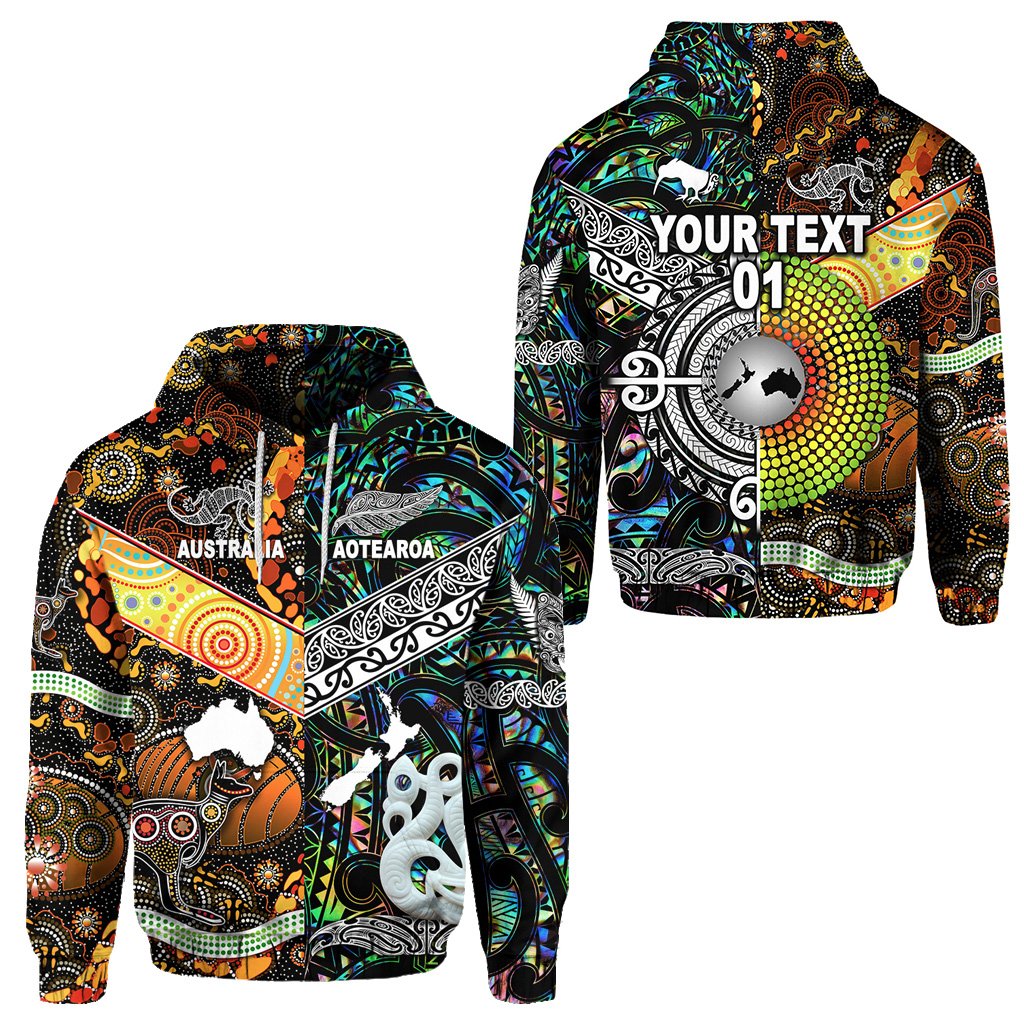 Custom New Zealand Australia Hoodie Maori and Aboriginal Together Paua Shell, Custom Text and Number LT8 Black - Polynesian Pride