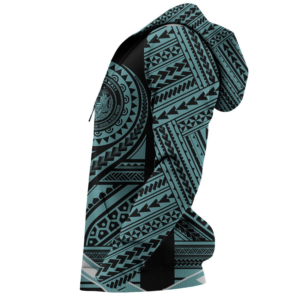 Hawaii Coat of Arms Polynesian Zip up Hoodie Tatoo Style Blue - Polynesian Pride