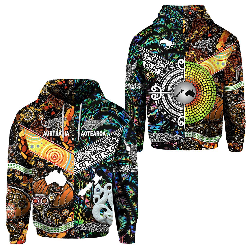 New Zealand Australia Hoodie Maori and Aboriginal Together Paua Shell LT8 Black - Polynesian Pride