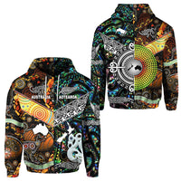 New Zealand Australia Hoodie Maori and Aboriginal Together Paua Shell LT8 Black - Polynesian Pride