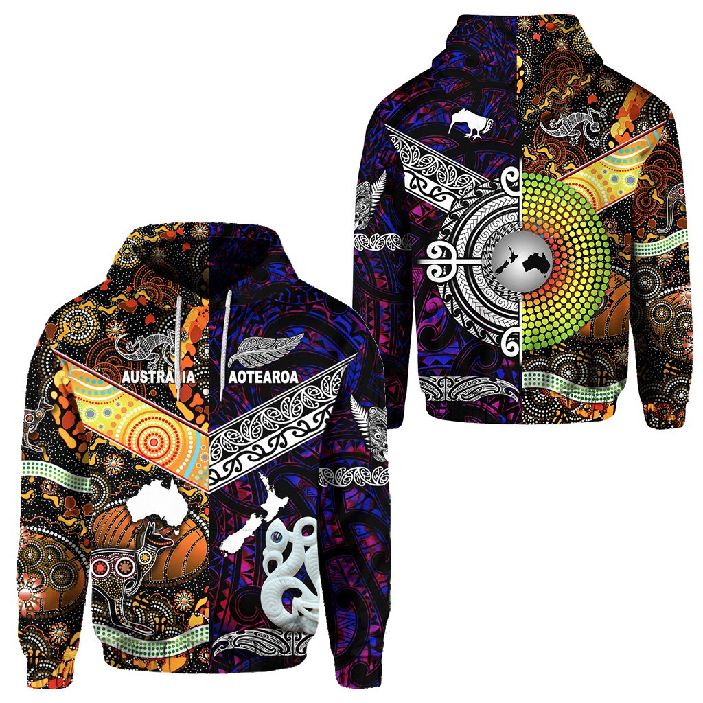 New Zealand Australia Hoodie Maori and Aboriginal Together Purple LT8 Black - Polynesian Pride