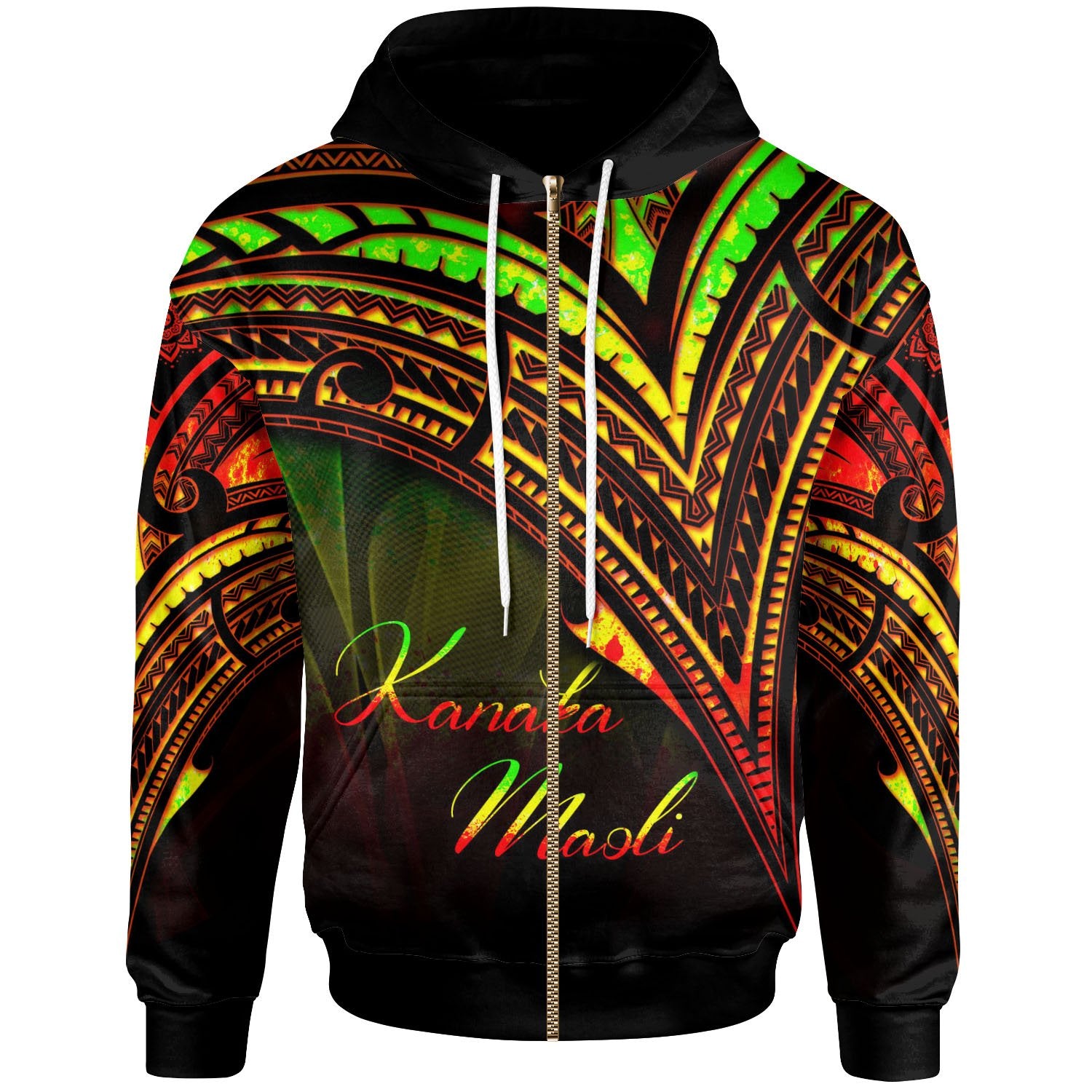 Hawaii Kanaka Maoli Zip Hoodie Reggae Color Cross Style Unisex Black - Polynesian Pride