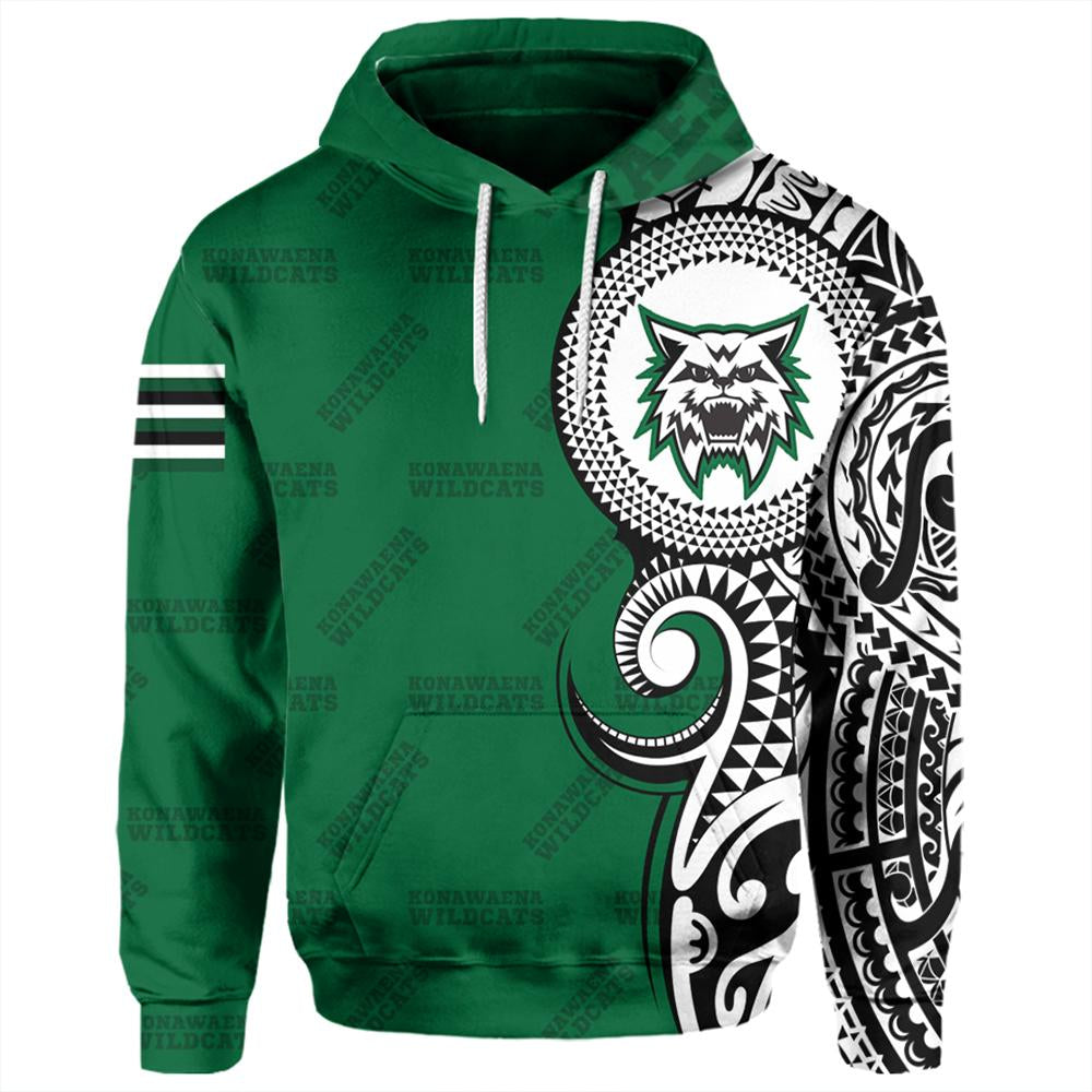 Custom Hawaii Hoodie Konawaena High Tribal Kakau Pullover Hoodie Unisex Green - Polynesian Pride