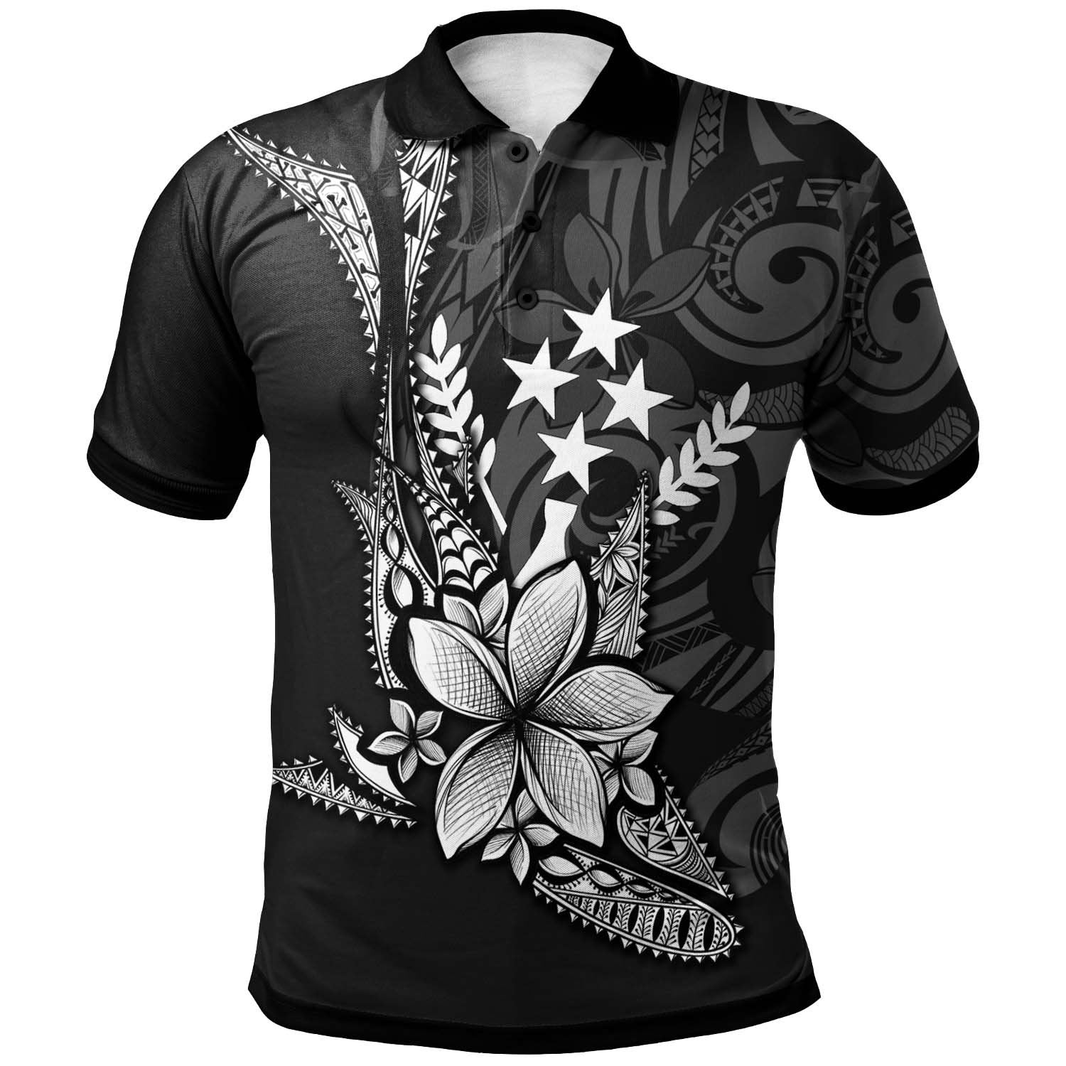 Kosrae State Custom Polo Shirt Fish With Plumeria Flowers Style Unisex Black - Polynesian Pride