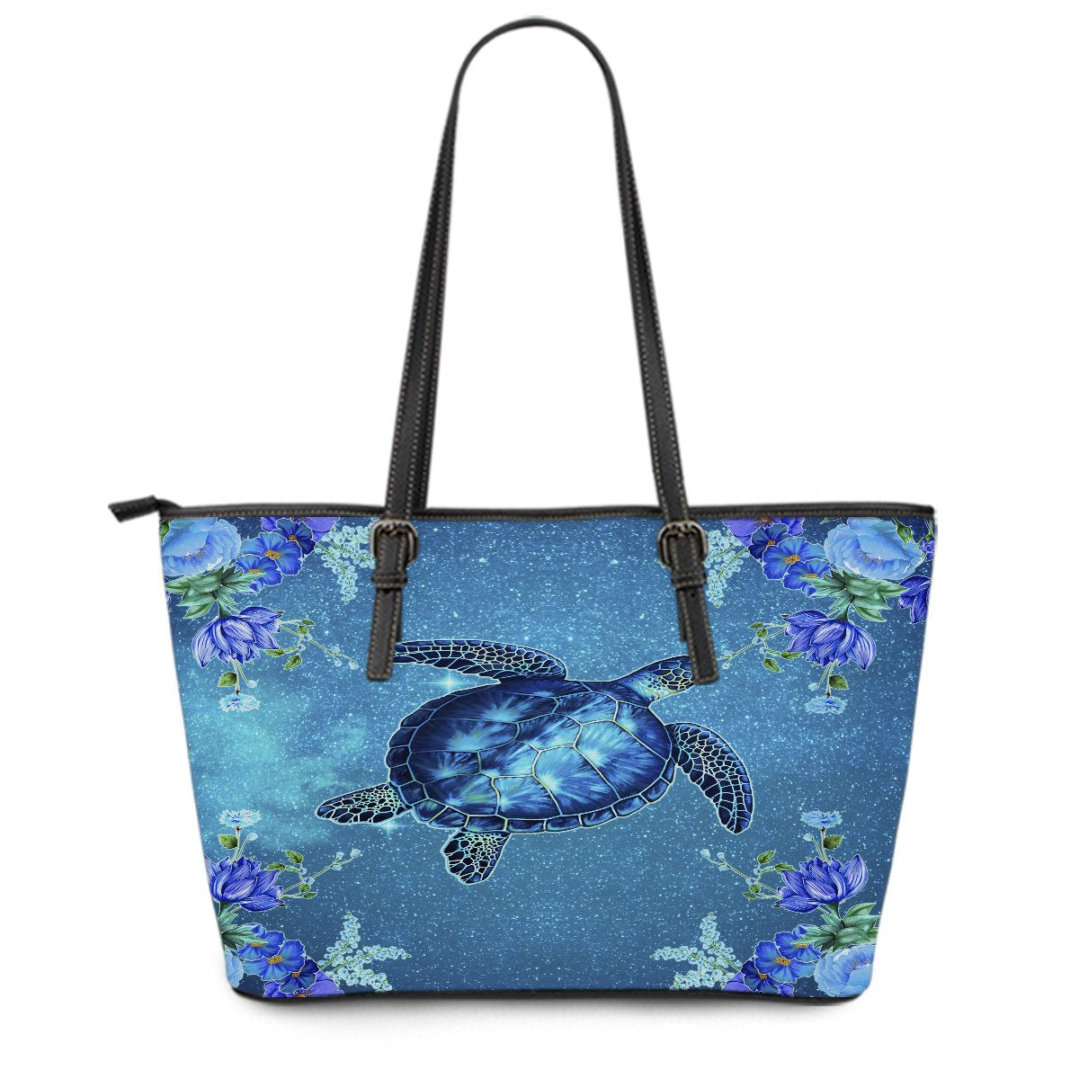 Hawaii Blue Turtle Flower Leather Tote Bag - Ocean Secret - AH Blue - Polynesian Pride