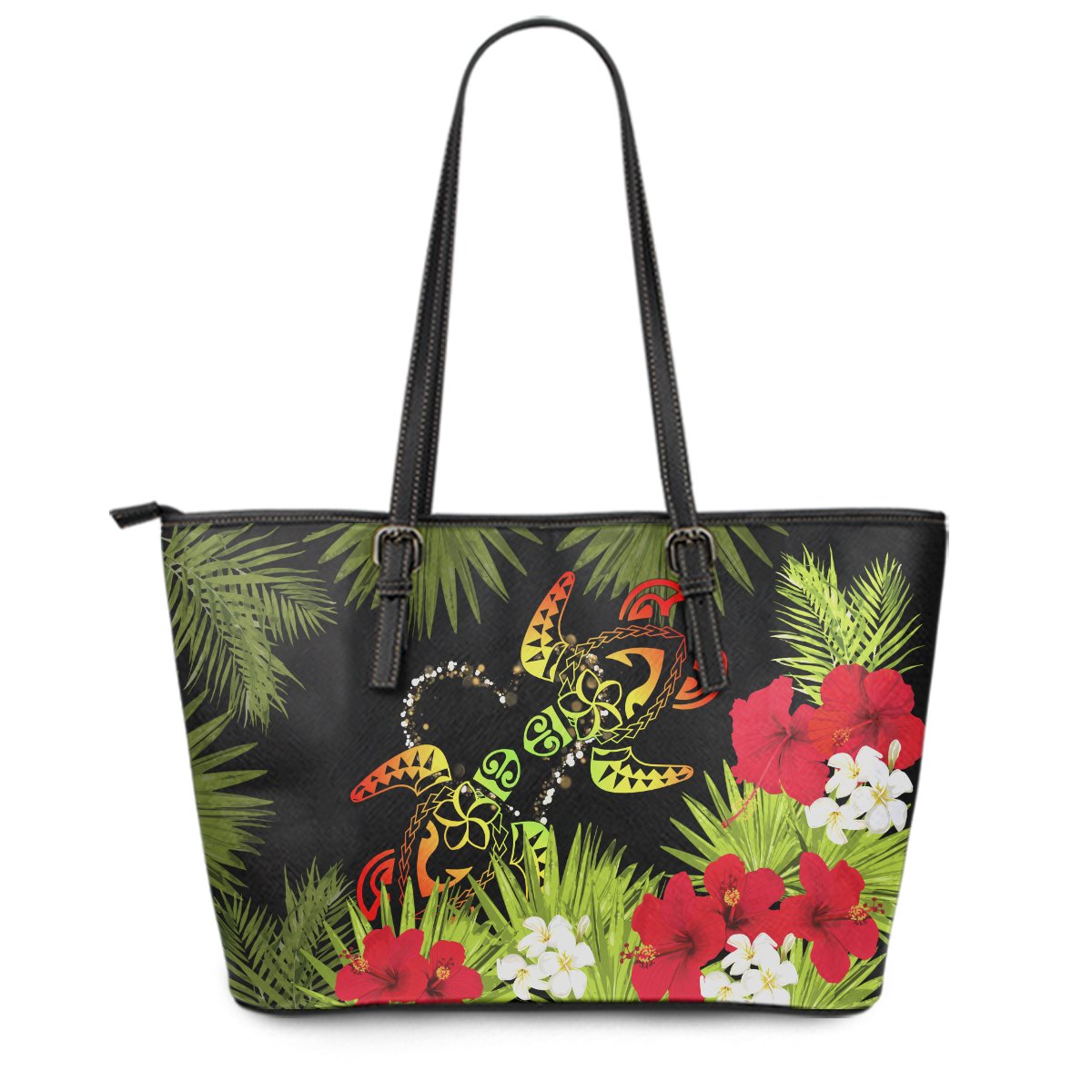 Hawaii Couple Turtle Hibiscus Tropical Valentine Leather Tote - Levi Style - AH Black - Polynesian Pride