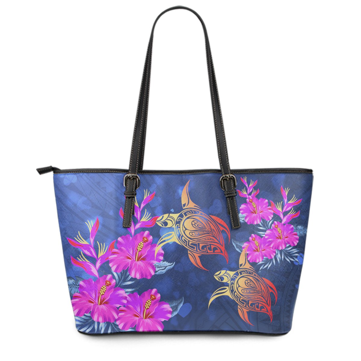 Hawaii Couple Turtle Hibiscus Valentine Leather Tote - Light Style - AH Blue - Polynesian Pride