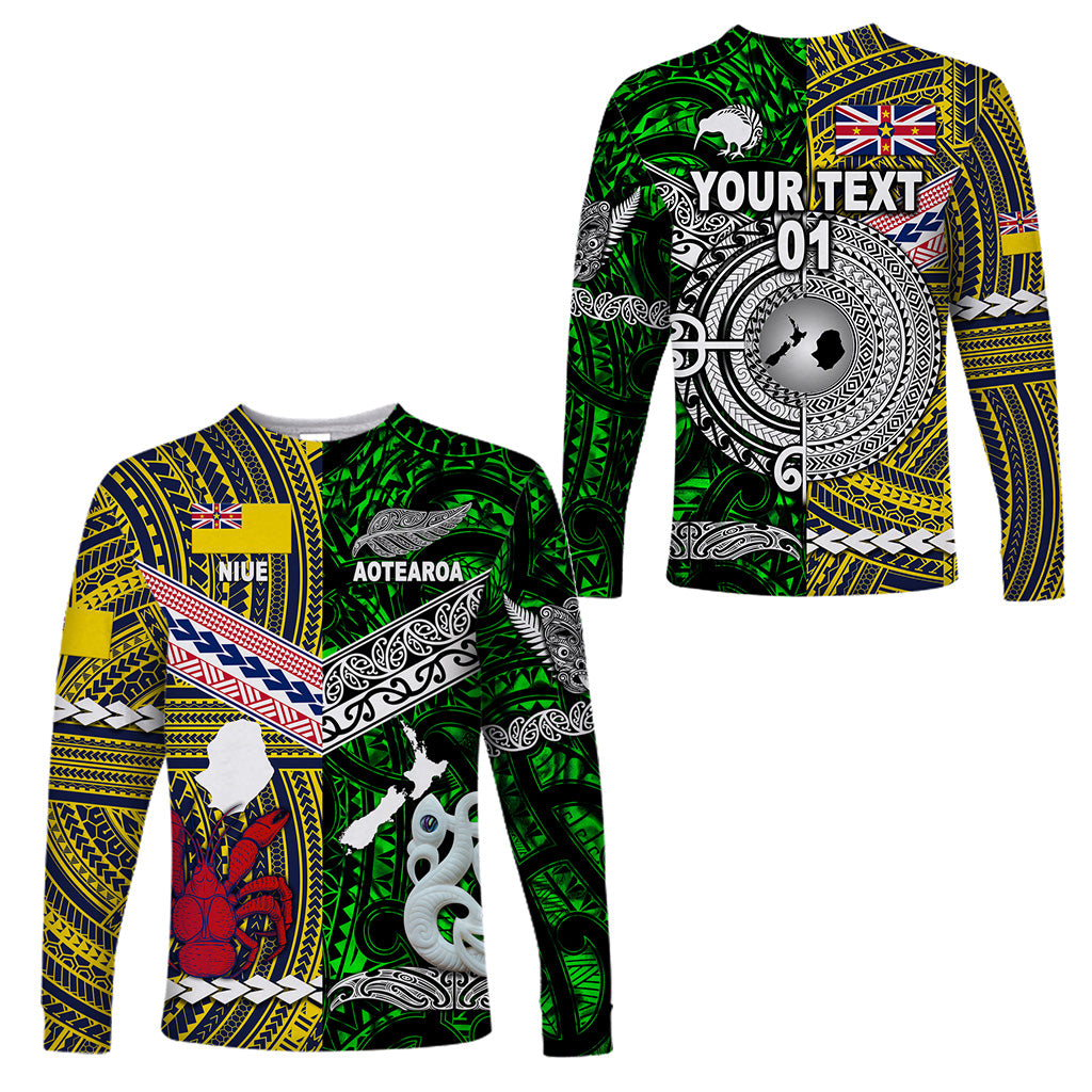 (Custom Personalised) New Zealand Maori Aotearoa And Niue Together Long Sleeve Shirts - Green, Custom Text And Number LT8 Unisex Yellow - Polynesian Pride