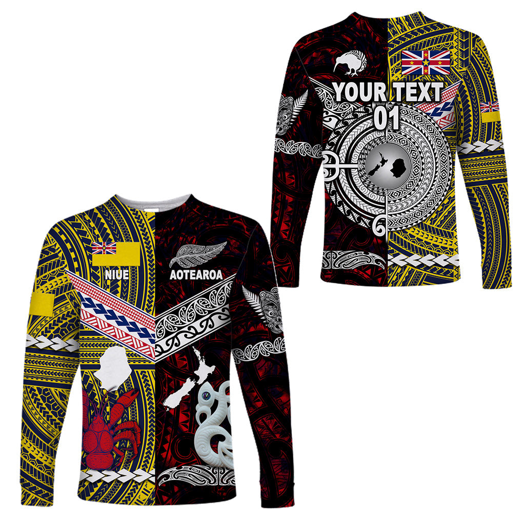 (Custom Personalised) New Zealand Maori Aotearoa And Niue Together Long Sleeve Shirts - Red, Custom Text And Number LT8 Unisex Yellow - Polynesian Pride