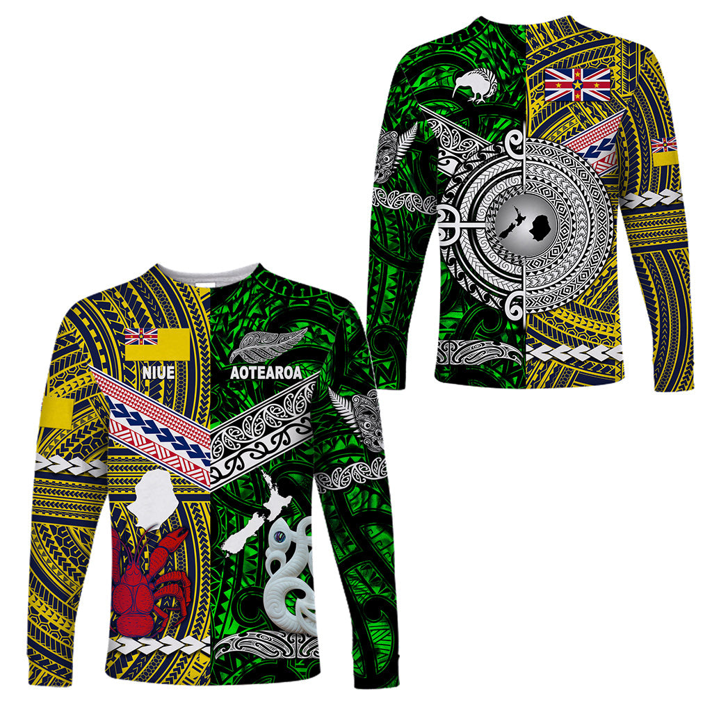 New Zealand Maori Aotearoa And Niue Together Long Sleeve Shirts - Green LT8 Unisex Yellow - Polynesian Pride