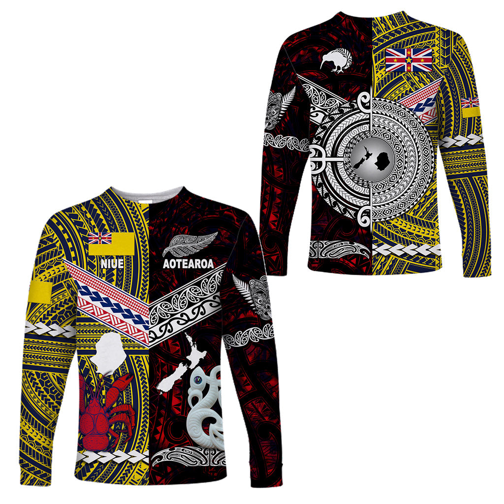 New Zealand Maori Aotearoa And Niue Together Long Sleeve Shirts - Red LT8 Unisex Yellow - Polynesian Pride