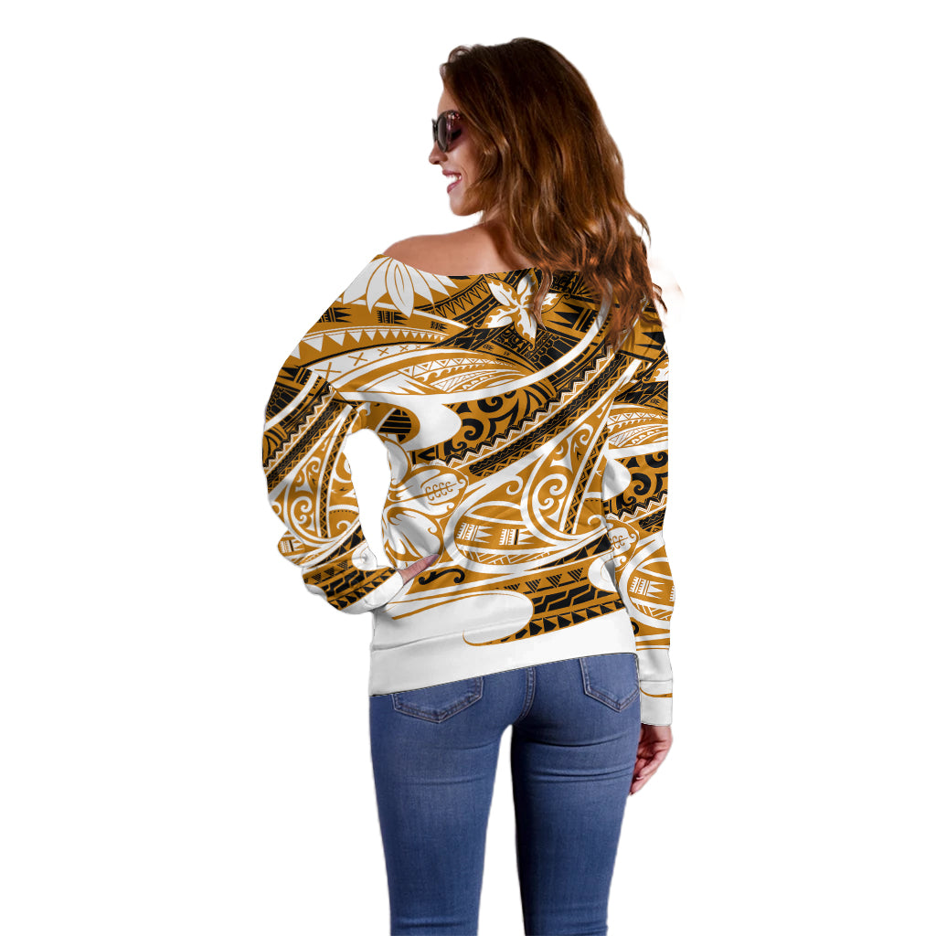 Polynesian Tribal Off Shoulder Sweater Gold LT6 - Polynesian Pride