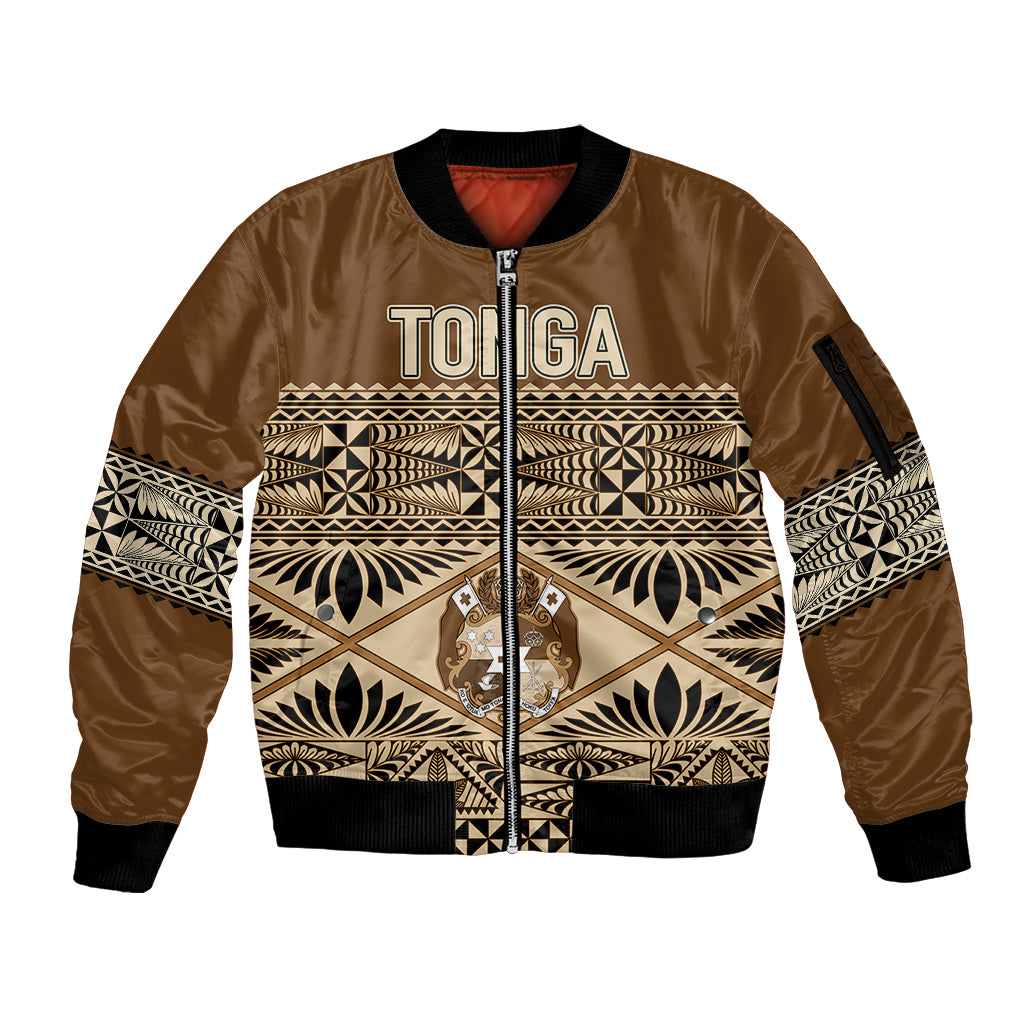Personalised Tonga Independence Day Sleeve Zip Bomber Jacket Ngatu Tapa Style LT7 Unisex Brown - Polynesian Pride