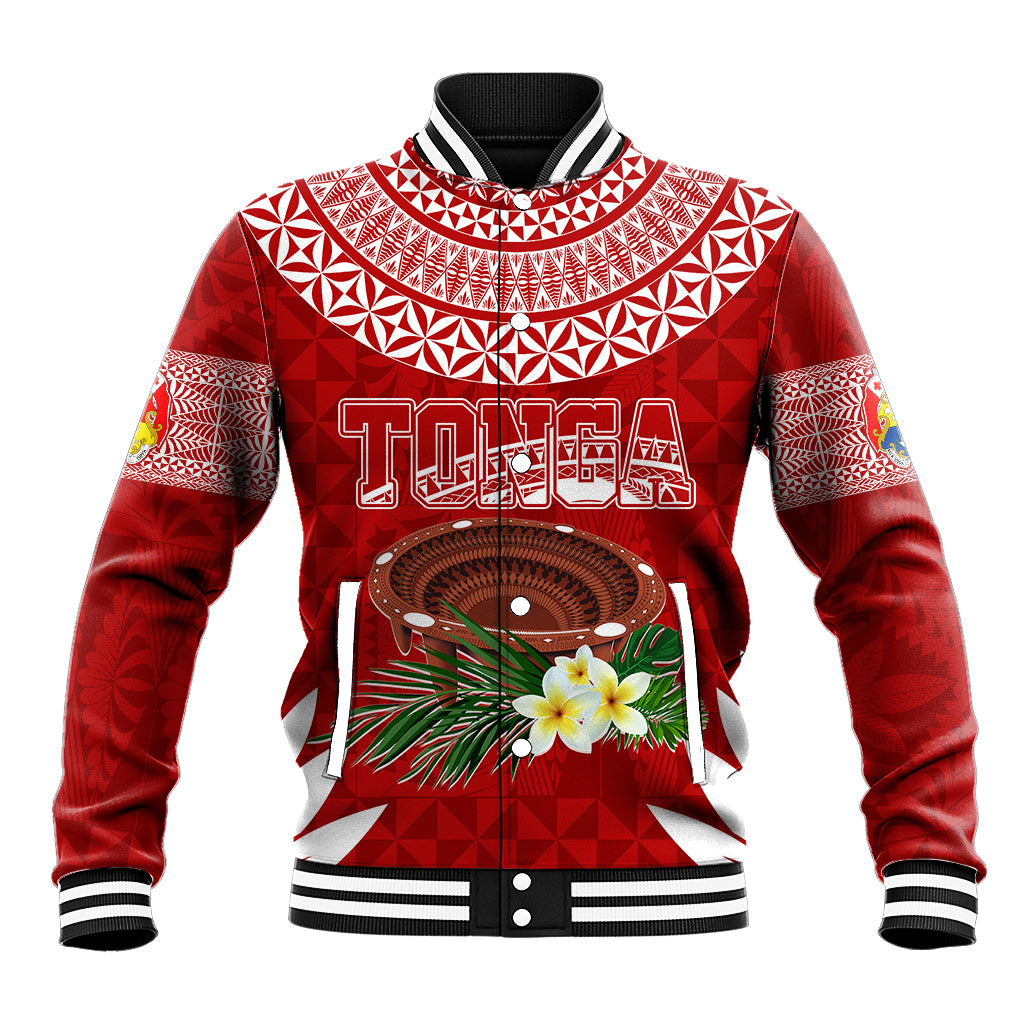 Personalised Tonga Independence Day Baseball Jacket Kumete Kava Bowl With Plumeria LT7 Unisex Red - Polynesian Pride