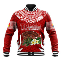 Personalised Tonga Independence Day Baseball Jacket Kumete Kava Bowl With Plumeria LT7 Unisex Red - Polynesian Pride