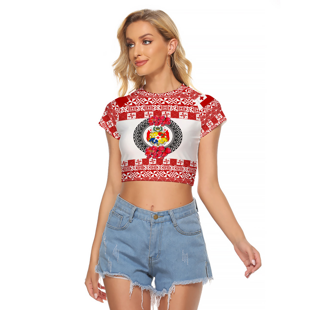 (Custom Personalised) Tonga Emancipation Day Raglan Cropped T Shirt Independence Day - Simple Ngatu Heilala Flower - White Red LT8 Female Red - Polynesian Pride