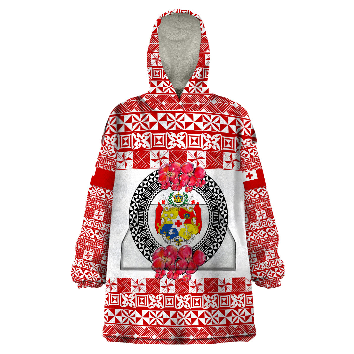 (Custom Personalised) Tonga Emancipation Day Wearable Blanket Hoodie Independence Day - Simple Ngatu Heilala Flower - White Red LT8 Unisex One Size - Polynesian Pride