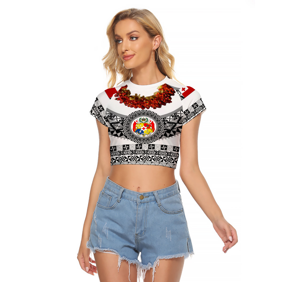 (Custom Personalised) Tonga Emancipation Day Raglan Cropped T Shirt Independence Day - Fancy Kahoa Heilala Flower - White Black LT8 Female White - Polynesian Pride