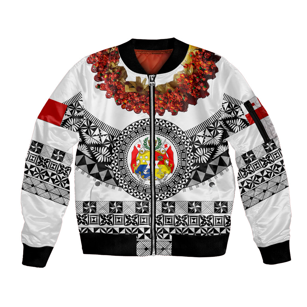 (Custom Personalised) Tonga Emancipation Day Sleeve Zip Bomber Jacket Independence Day - Fancy Kahoa Heilala Flower - White Black LT8 Unisex White - Polynesian Pride