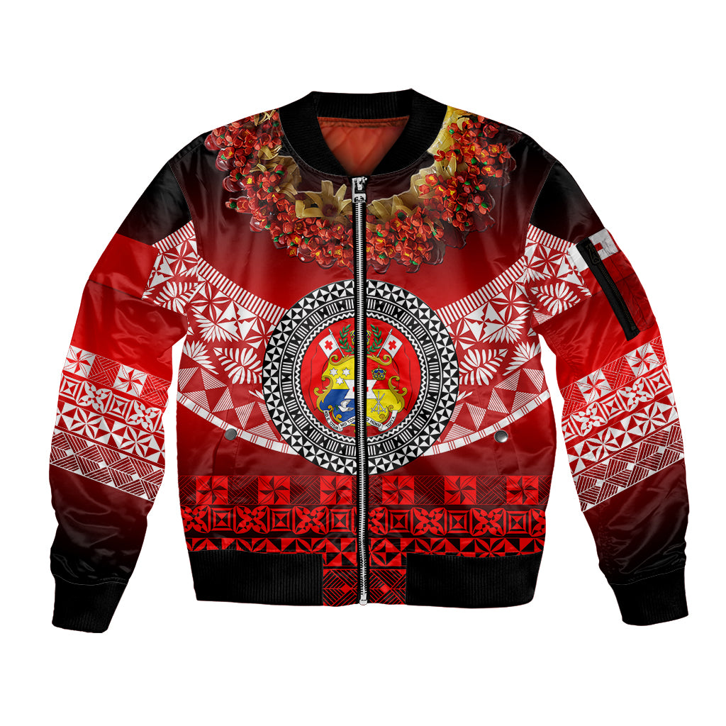 (Custom Personalised) Tonga Emancipation Day Sleeve Zip Bomber Jacket Independence Day - Fancy Kahoa Heilala Flower - Gradient LT8 Unisex Black - Polynesian Pride