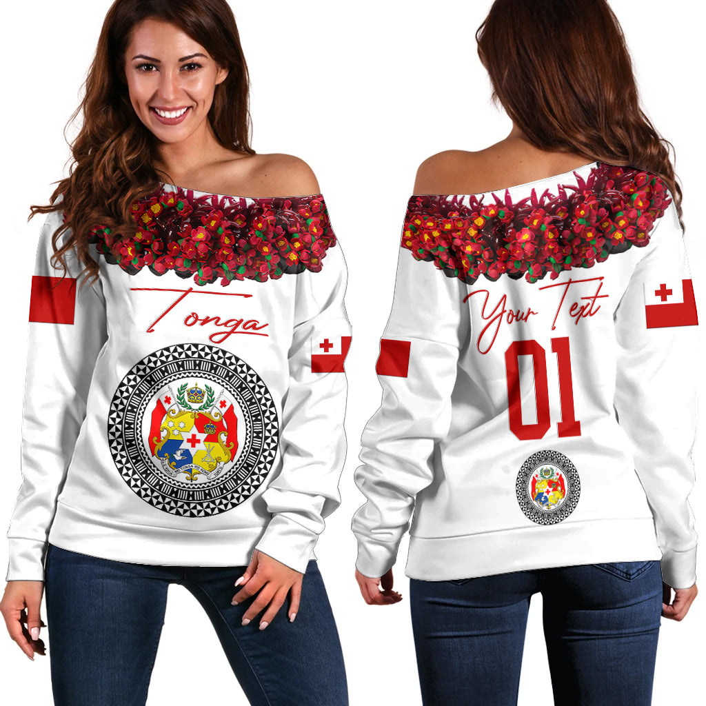 (Custom Personalised) Tonga Emancipation Day Off Shoulder Sweater Independence Day - Unique Kahoa Heilala Flower - White LT8 Women White - Polynesian Pride