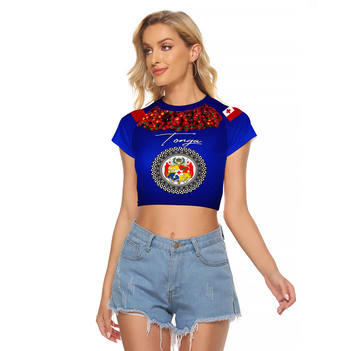 (Custom Personalised) Tonga Emancipation Day Raglan Cropped T Shirt Independence Day - Unique Kahoa Heilala Flower - Blue LT8 Female Blue - Polynesian Pride