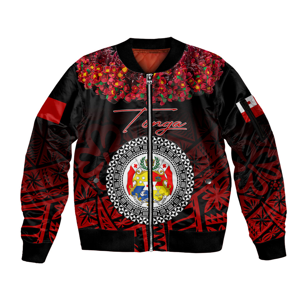 (Custom Personalised) Tonga Emancipation Day Sleeve Zip Bomber Jacket Independence Day - Kupesi Kahoa Heilala Flower - Black LT8 Unisex Black - Polynesian Pride