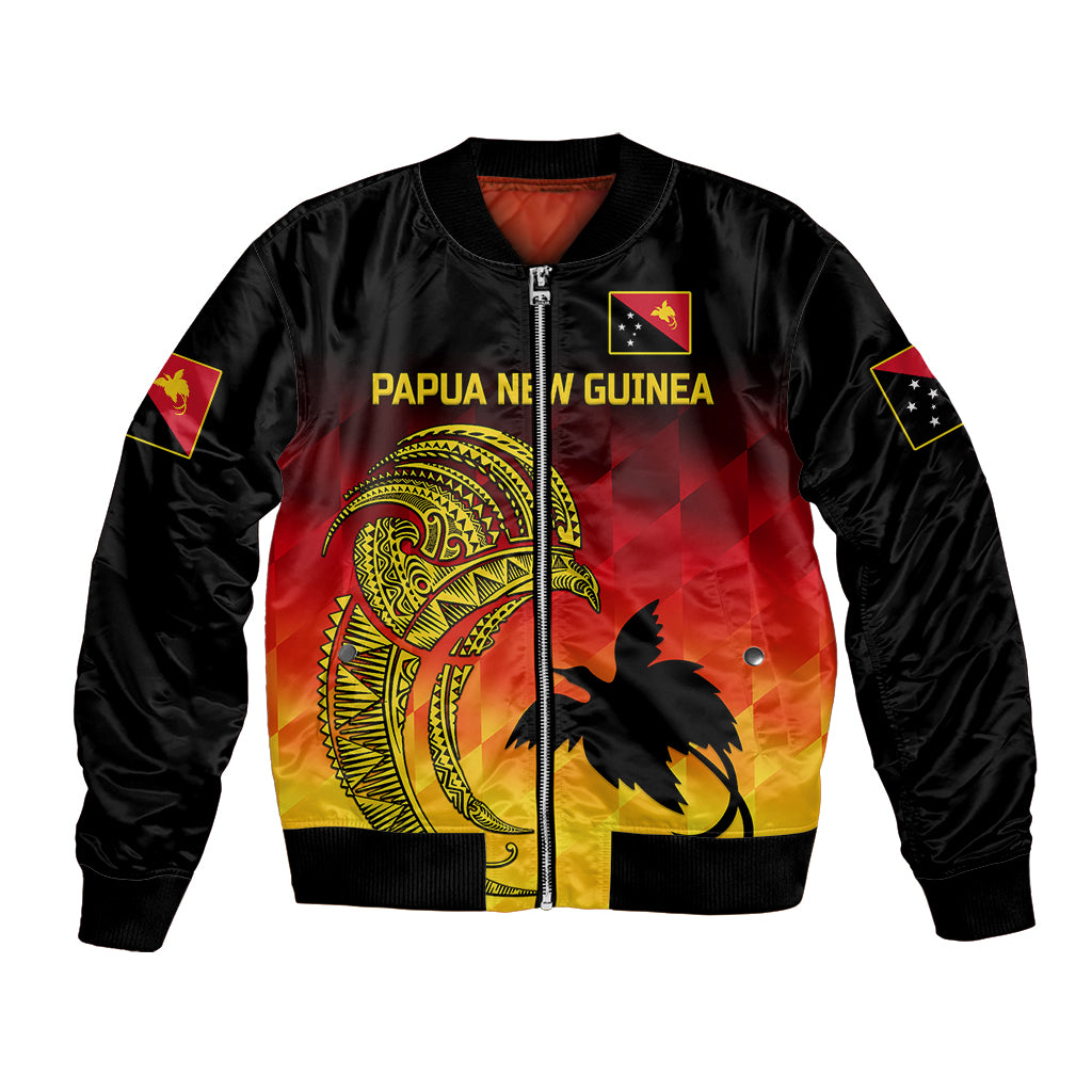 (Custom Personalised) Papua New Guinea Barramundis Cricket Bomber Jacket Birds Of Paradise Paradisaea Raggiana Original - Gradient Flag Vibes LT8 Unisex Black - Polynesian Pride