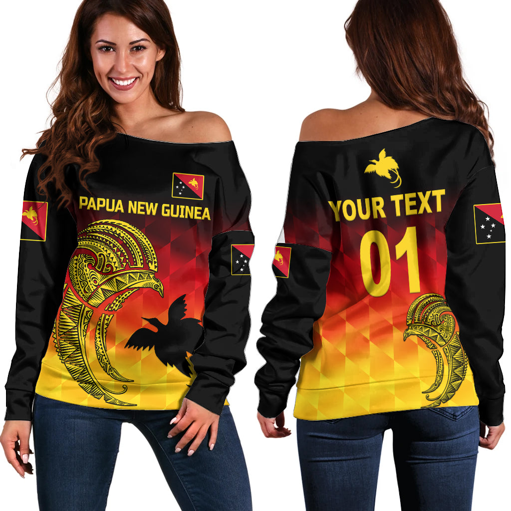 (Custom Personalised) Papua New Guinea Barramundis Cricket Off Shoulder Sweater Birds Of Paradise Paradisaea Raggiana Original - Gradient Flag Vibes LT8 Women Black - Polynesian Pride