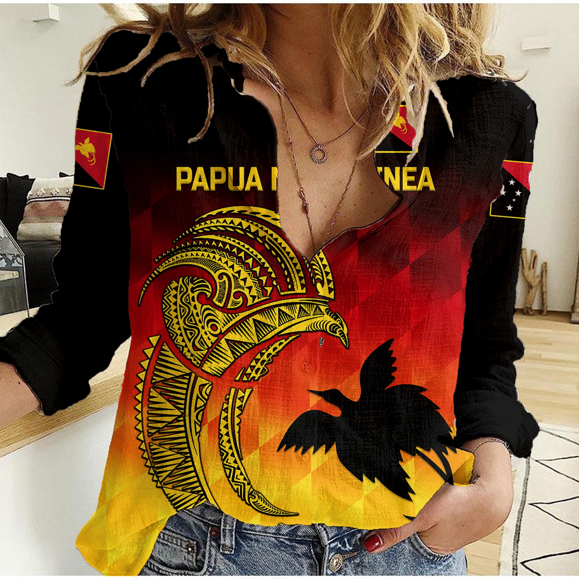 (Custom Personalised) Papua New Guinea Barramundis Cricket Women Casual Shirt Birds Of Paradise Paradisaea Raggiana Original - Gradient Flag Vibes LT8 Female Black - Polynesian Pride