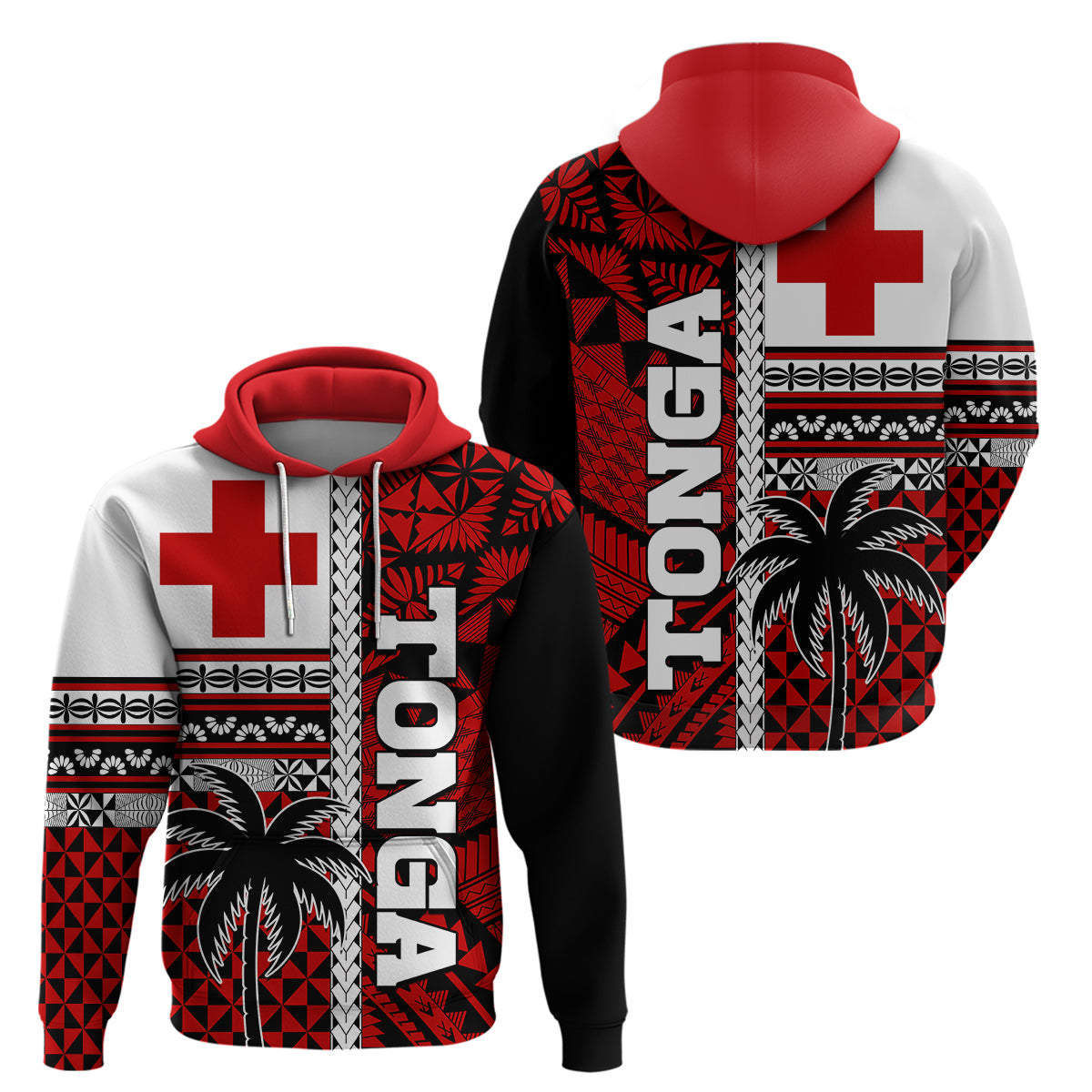 Tonga Kupesi Ngatu Hoodie - Proud Tonga Flag and Palm Tree LT9 Red - Polynesian Pride