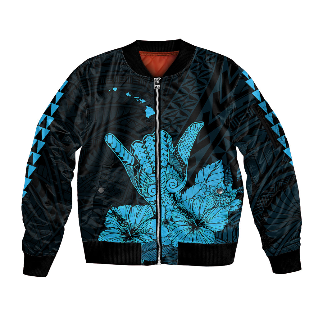Hawaii Shaka Sign Sleeve Zip Bomber Jacket Blue Version LT9 Unisex Blue - Polynesian Pride