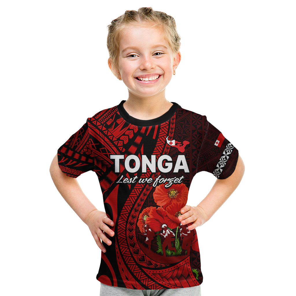 Tonga ANZAC Day Kid T Shirt Lest We Forget Red Version LT9 Youth XL Size14 - Polynesian Pride