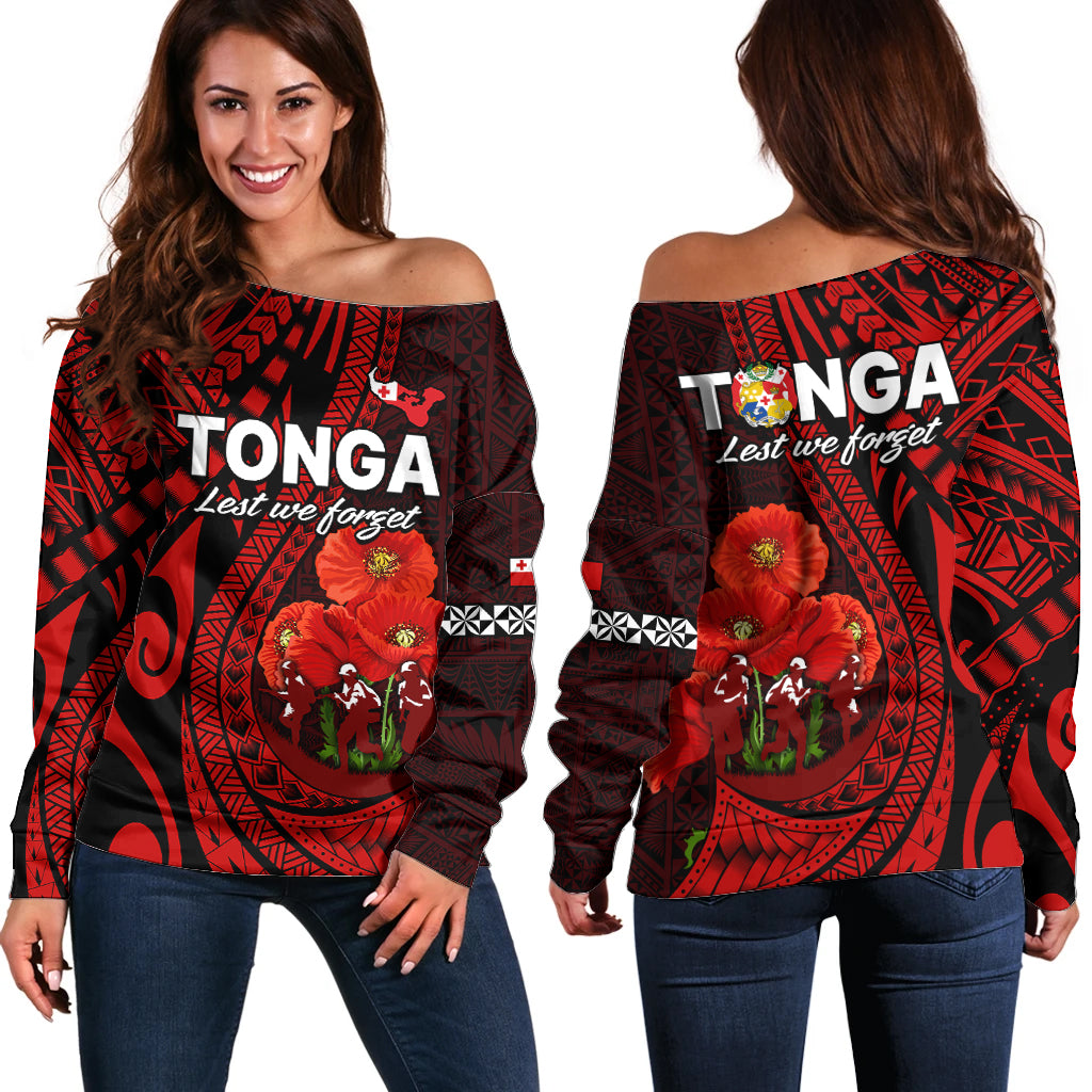 Tonga ANZAC Day Off Shoulder Sweater Lest We Forget Red Version LT9 Women Red - Polynesian Pride