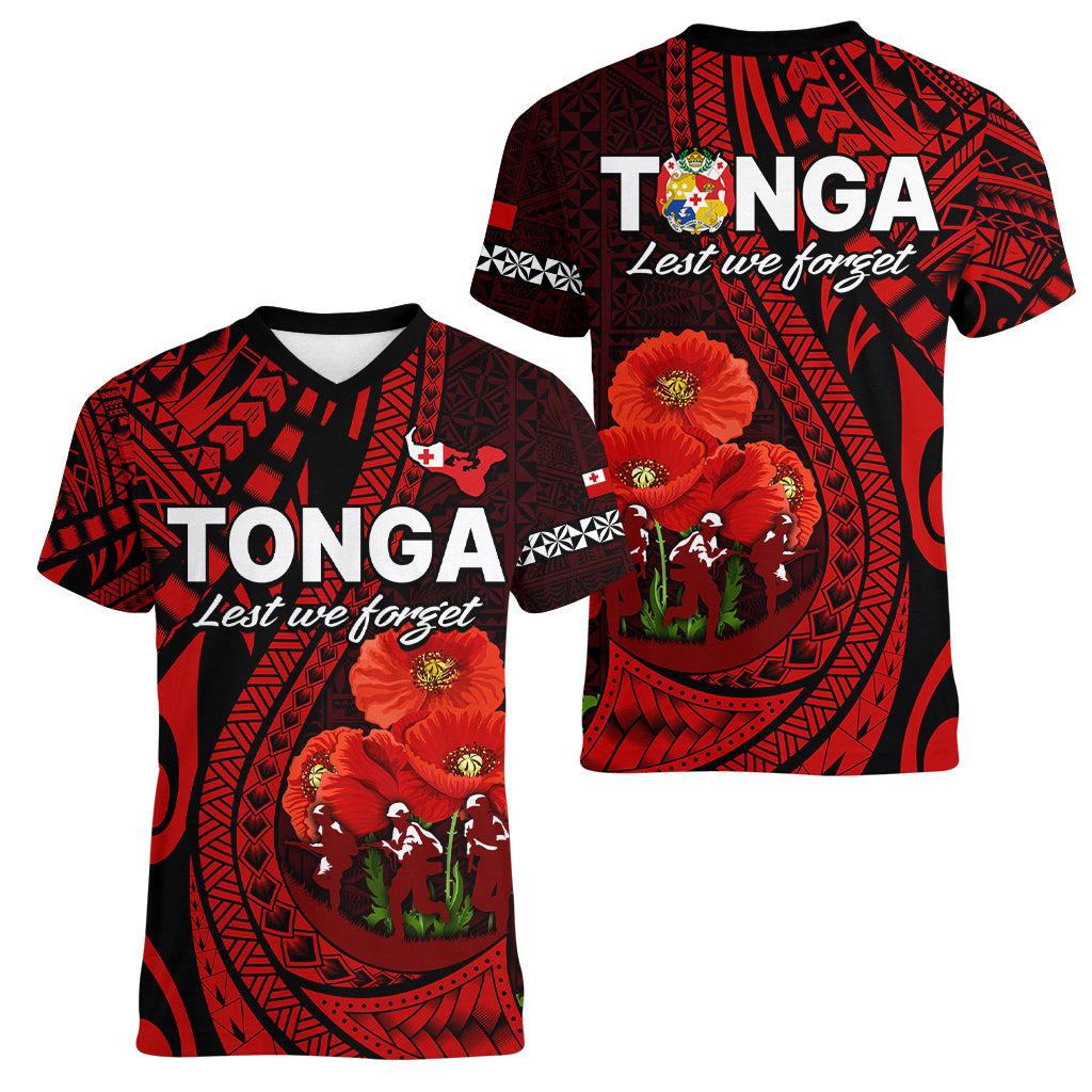 Tonga ANZAC Day Women V Neck T Shirt Lest We Forget Red Version LT9 Female Red - Polynesian Pride