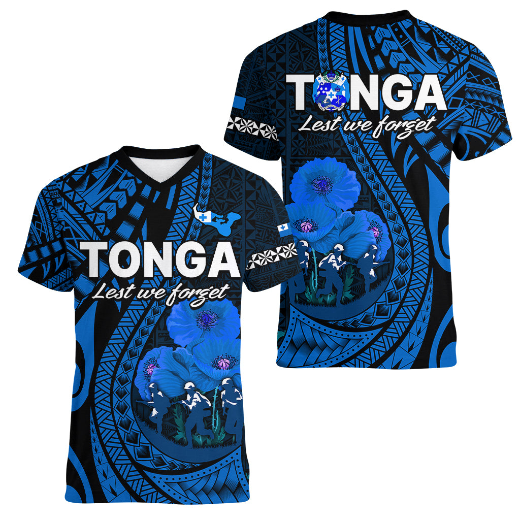 Tonga ANZAC Day Women V Neck T Shirt Lest We Forget Blue Version LT9 Female Blue - Polynesian Pride