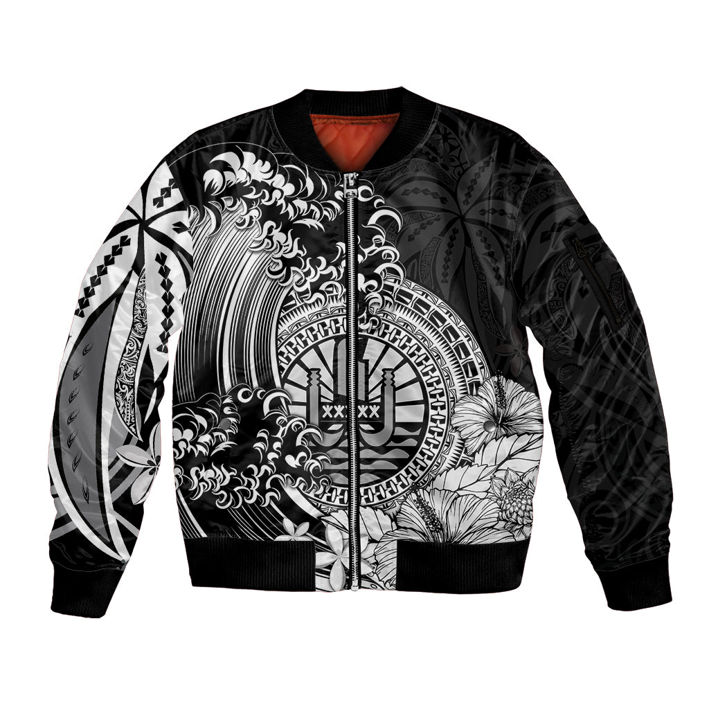 Polynesian Tahiti Island Sleeve Zip Bomber Jacket The Wave of Water - Black LT9 Unisex Black - Polynesian Pride