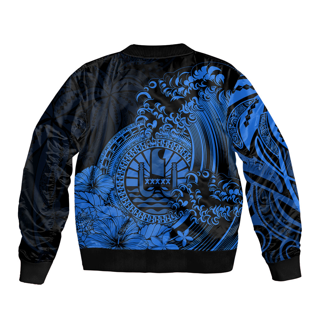 Polynesian Tahiti Island Sleeve Zip Bomber Jacket The Wave of Water - Blue LT9 - Polynesian Pride