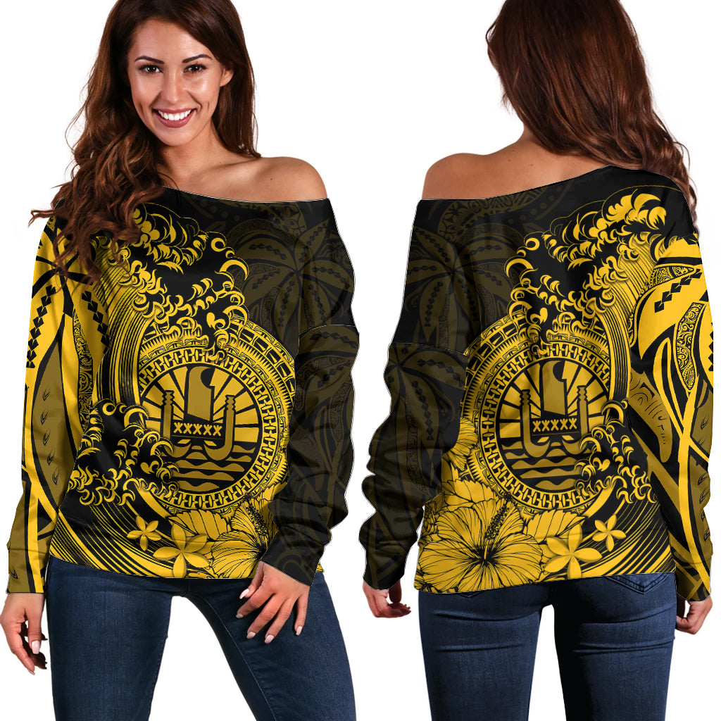 Polynesian Tahiti Island Off Shoulder Sweater The Wave of Water - Gold LT9 Women Gold - Polynesian Pride