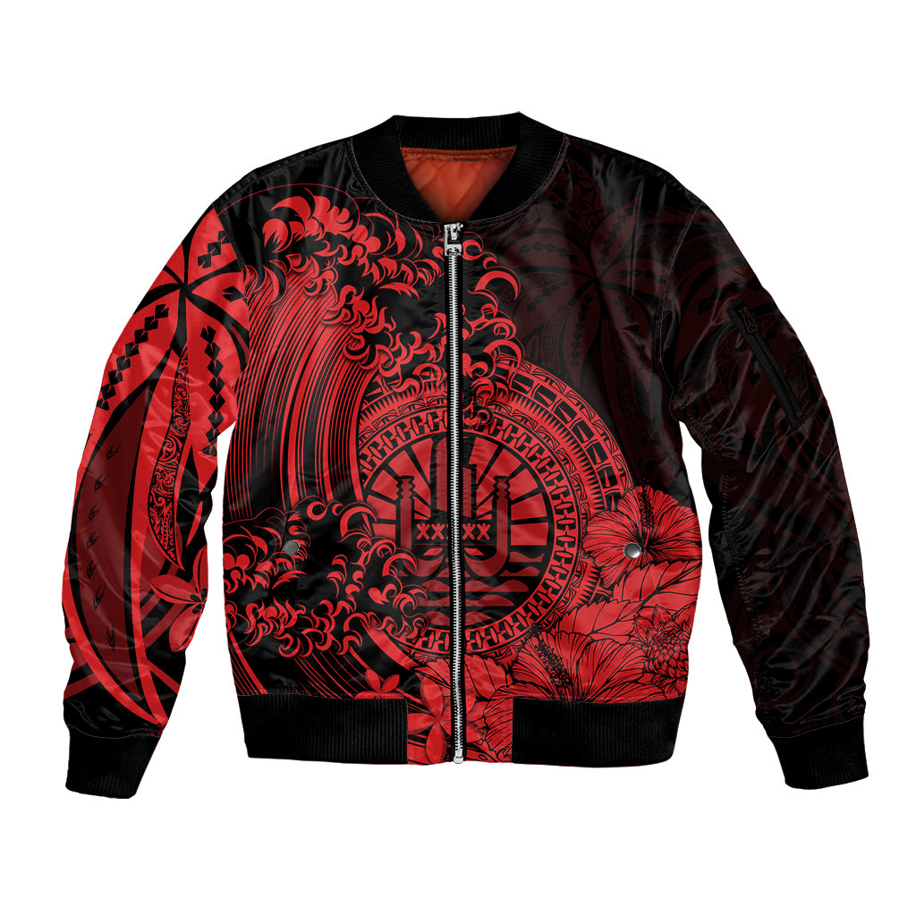 Polynesian Tahiti Island Sleeve Zip Bomber Jacket The Wave of Water - Red LT9 Unisex Red - Polynesian Pride